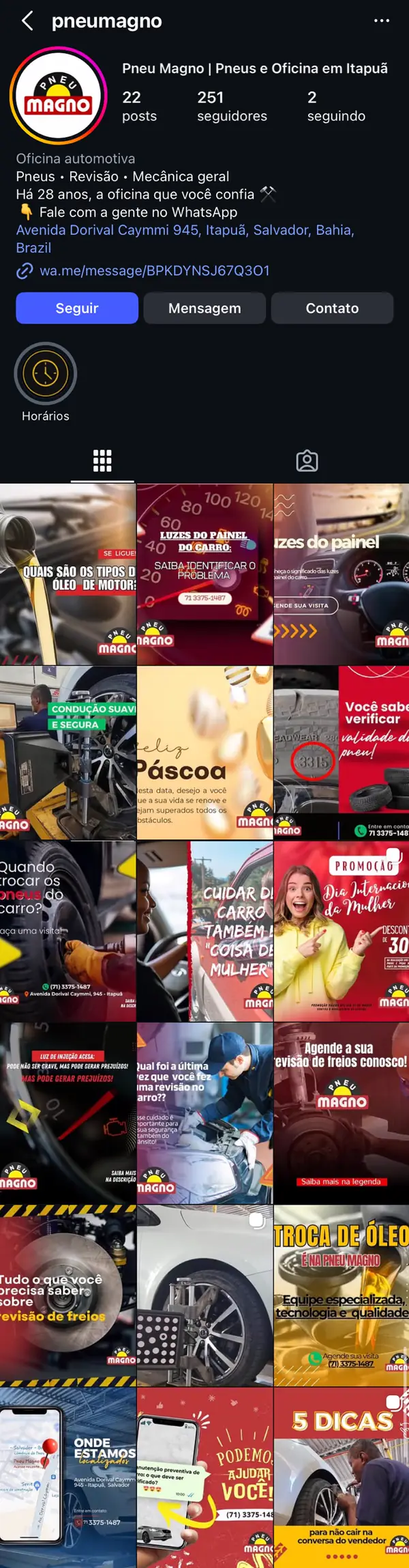 Perfil @pneumagno no Instagram: Pneu Magno, pneus, revisão e mecânica geral em Itapuã, com publicações sobre óleo, pneus, freios e alinhamento